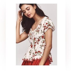 Maeve White Floral Blouse with Red and Green Accents